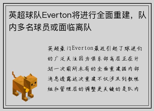 英超球队Everton将进行全面重建，队内多名球员或面临离队