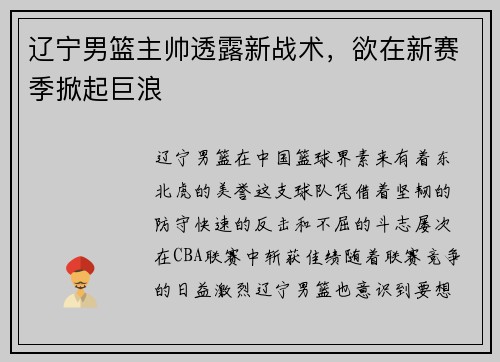 辽宁男篮主帅透露新战术，欲在新赛季掀起巨浪